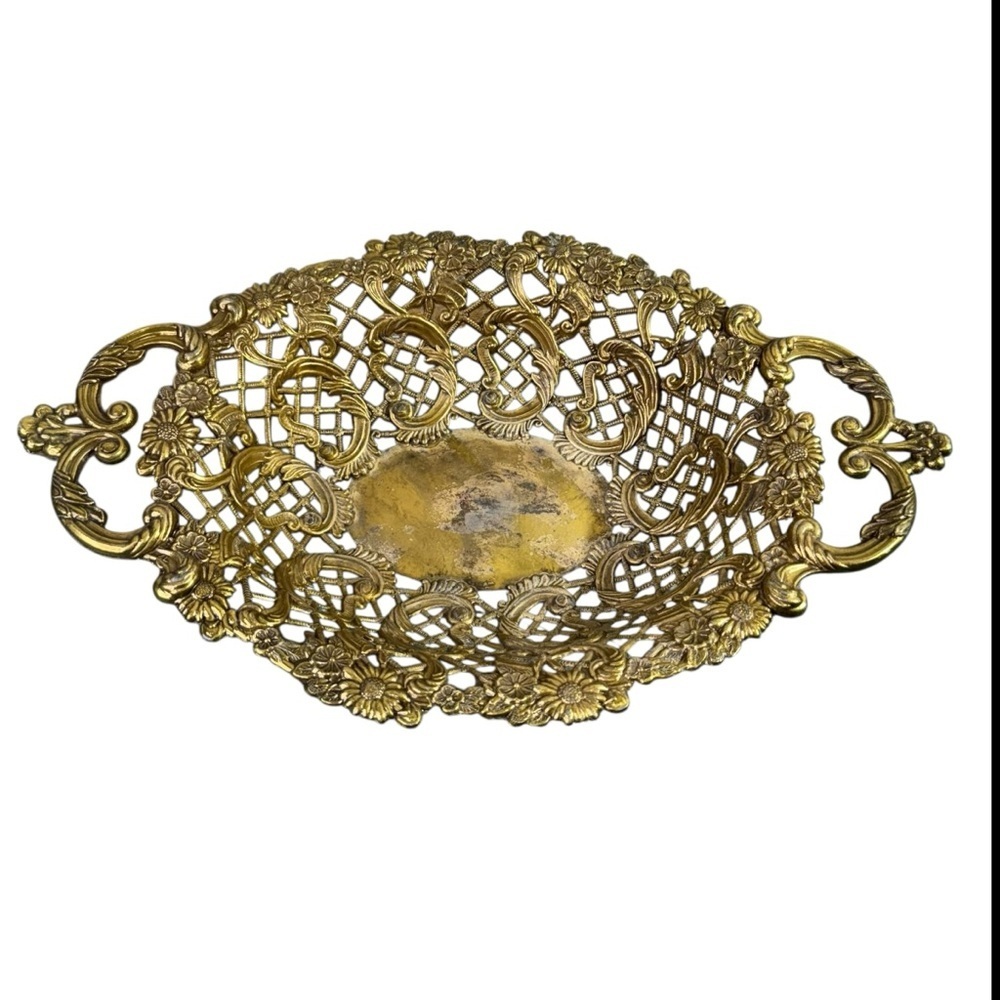 Vintage Large Brass Filigree Ornate Lattice Detail Oval Bowl Basket Metal Basket